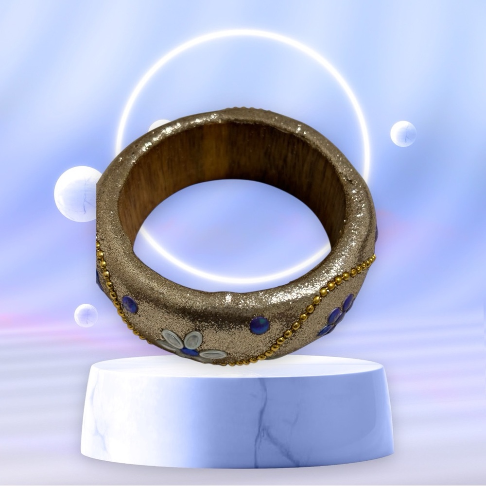 Bangle with Bead and Floral Accents Gold and Blue - Picture 11 of 11